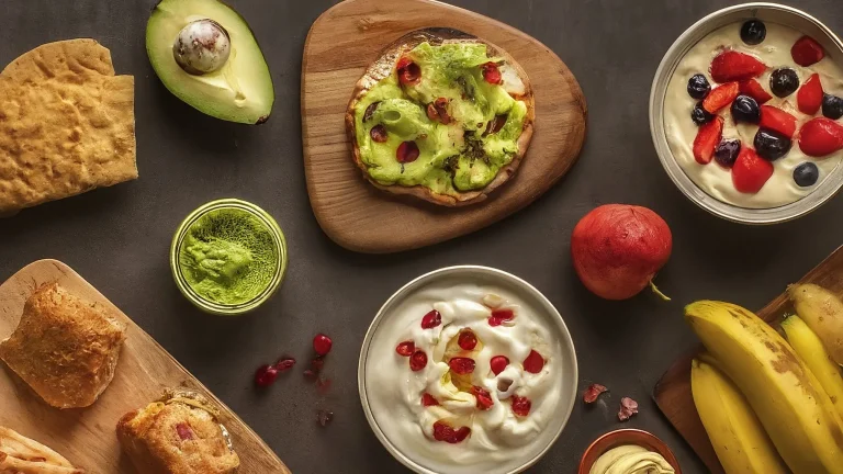 Cinco snacks rápidos y baratos para estudiantes universitarios: tostadas con aguacate, hummus con crudités, yogur con frutos rojos, palomitas de maíz y batido de plátano y leche.