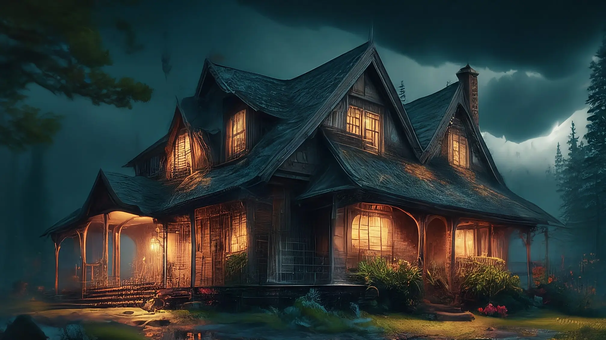 Imagen de una casa antigua y misteriosa en una noche oscura y lluviosa.