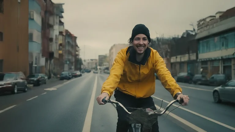 Una persona sonriendo mientras monta en bicicleta por la ciudad.