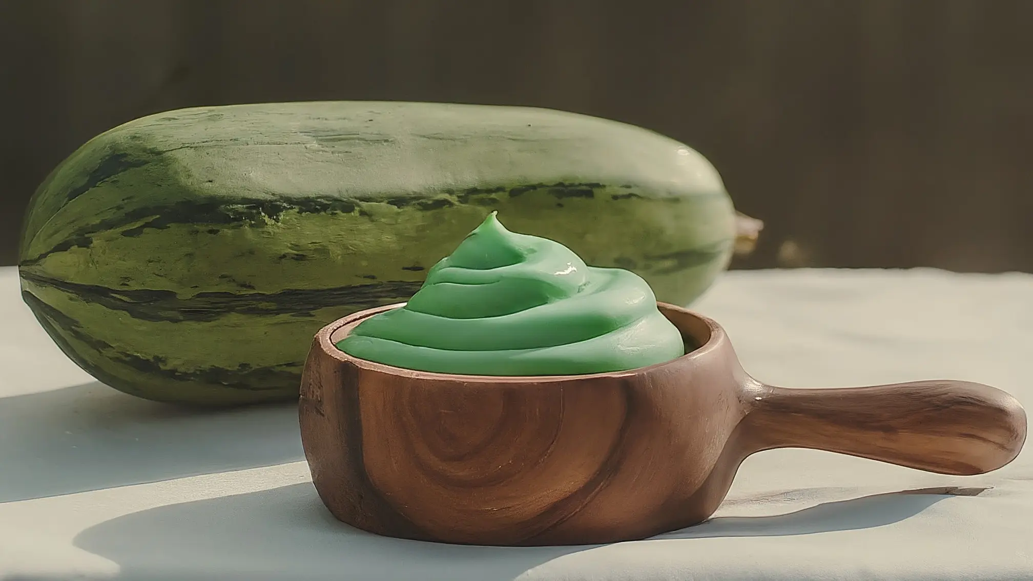 Crema de Calabacín Sin Gluten: Receta Cremosa y Ligera 1 Una cuchara de madera reposando sobre un tazón blanco lleno de una crema de calabacín de color verde claro, suavemente iluminada por una luz cálida.