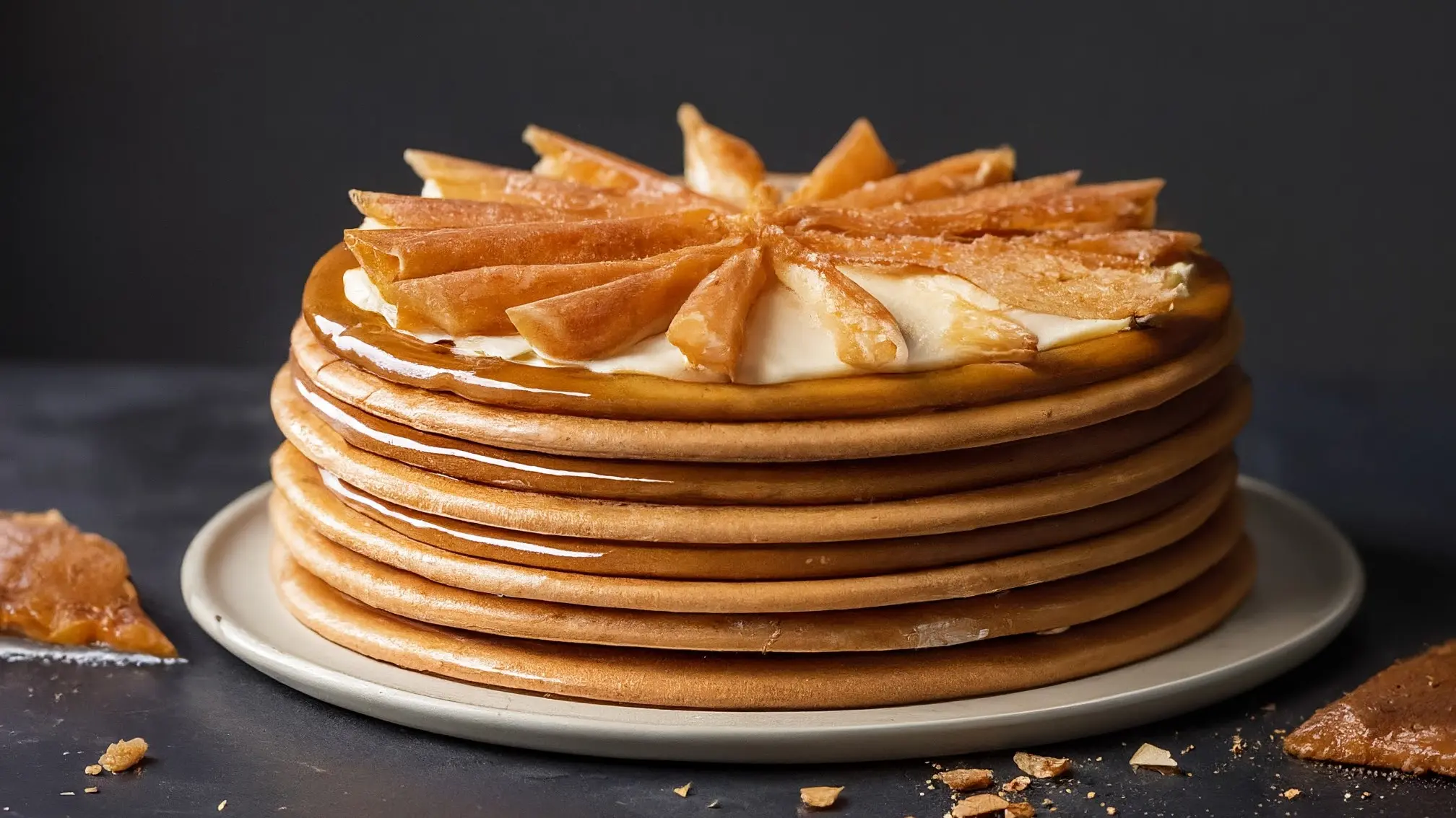 Un delicioso Dobos Torte húngaro recién hecho, con capas de bizcocho y crema, decorado con caramelo.