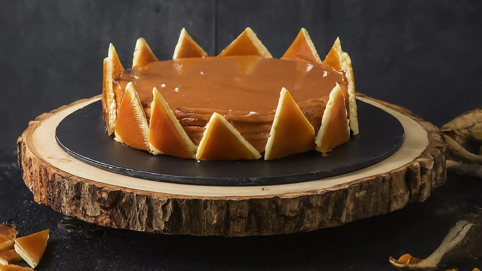 Imagen del Dobos Torte húngaro terminado, mostrando las capas y la decoración de caramelo.