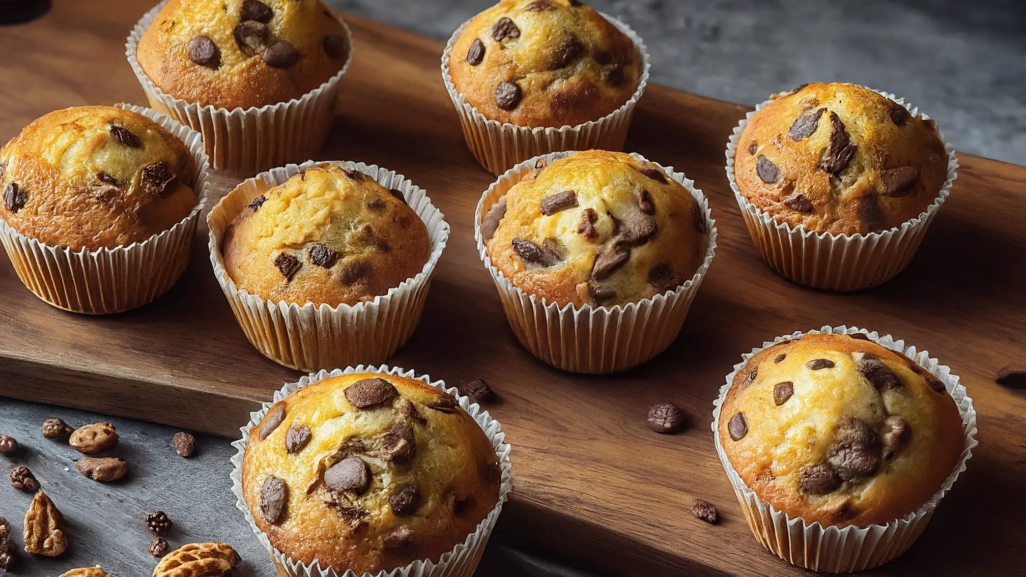 Muffins de Calabacín Sin Gluten: ¡Harina de Arroz vs. Harina de Almendras! 1 Una bandeja de muffins recién horneados, con una textura esponjosa y dorada, algunos con nueces y otros con chispas de chocolate.