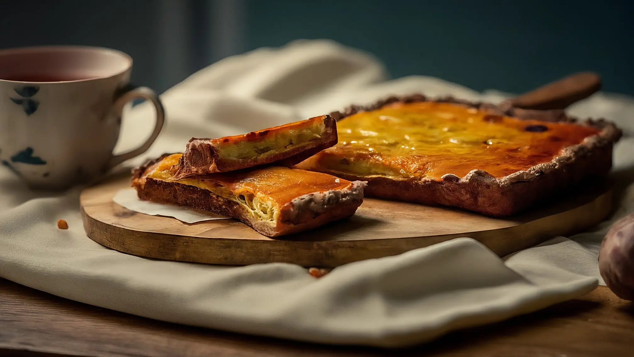 Beneficios y Contras de las Harinas Sin Gluten en Recetas de Calabacín 1 Una rebanada de tarta de calabacín y un panqueque de calabacín colocados sobre un mantel de tela rústica, con una taza de té al fondo.